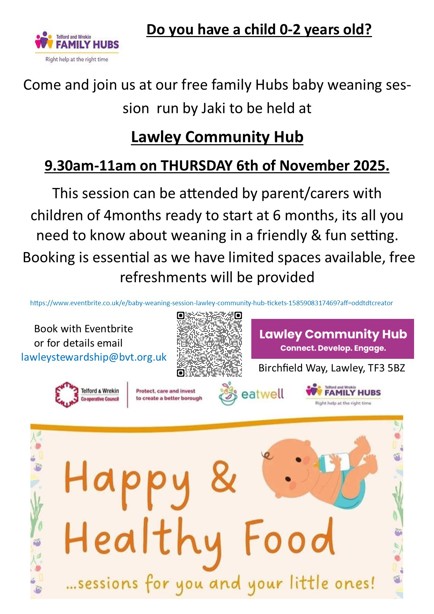 Free baby weaning session - Lawley Community Hub 06.11.25 09:30-11am